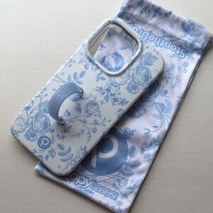 iPhone 15 Pro Loopy Case White Phone Case with Blue Floral Print and grip